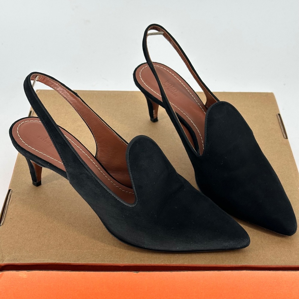 Polo Ralph Lauren Black Stacy Leather Suede Pump Pointed Slingback Heel 9.5 B